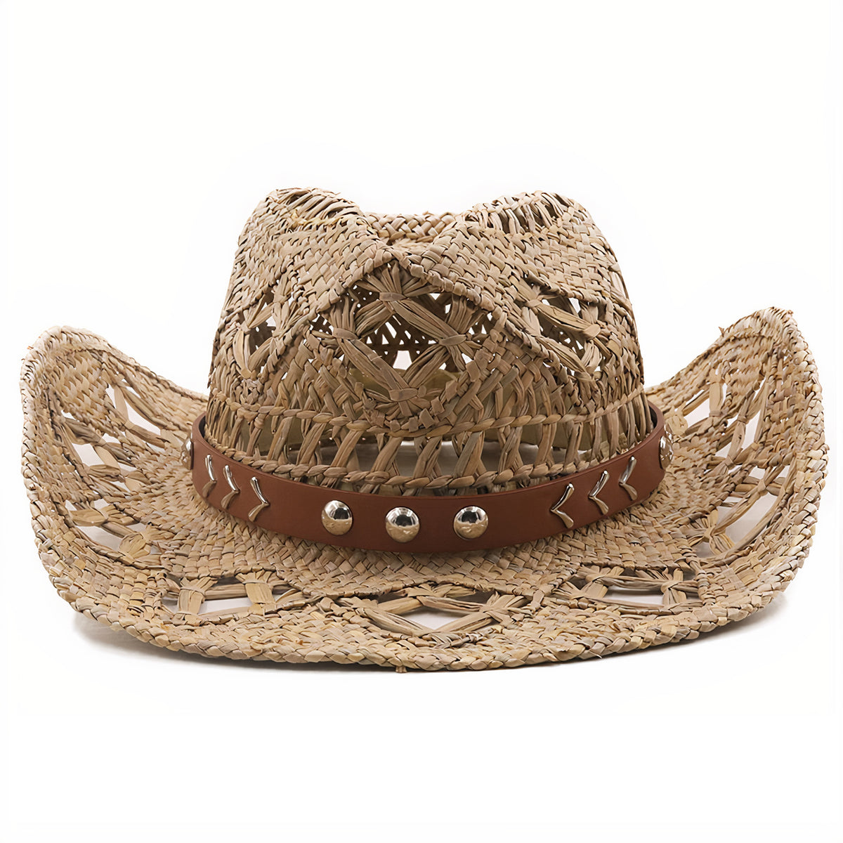 Chapeau de cowboy de paille tricoté à la main d'été à bord roulé Western  Beach Chapeaux de soleil Chapeaux de fête Chapeau de style ethnique creux  Jazz chapeau : : Mode